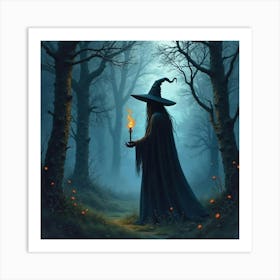 Black Magic Sorceress In Twilight Forest, Watercolor, Eerie 1 Art Print