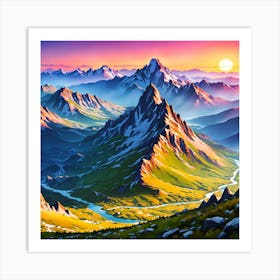 Mountain Landscape Painting, Illustrate A Close Up Of A Blooming Flower With Intricate Art Print