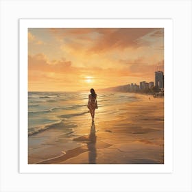 Woman Walking On The Beach Art Print