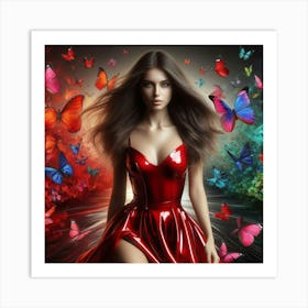 Beautiful Woman In Red Dress With Butterflies 1 Art Print