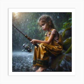 Little Girl Fishing In The Rain 4 Art Print