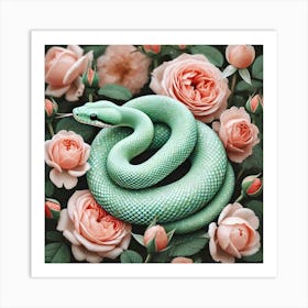 Green Snake With Pink Roses Poster