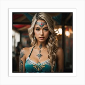 tattoo design, stencil, portrait of princess zelda in a bikini by artgerm, symmetrical face, beautiful, triforce Art Print