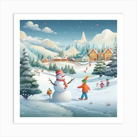 Snowman In The Village 4 Art Print