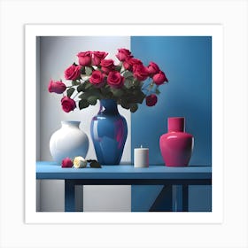 Still Life with Mulberry Pink Roses, Glossy Ceramics and White Candle Poster