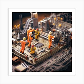 Miniature Workers Working On A Computer Art Print