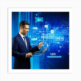 Abstract Cyber Industrial Icon Featuring A Futuristic Manager Interfacing With An Ai System Engagin (5) Art Print