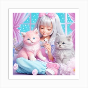 Girl With Kittens Art Print