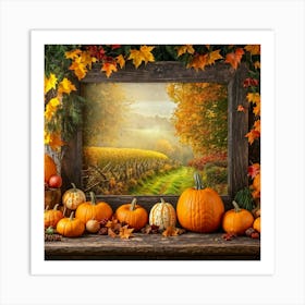 Fall Scene Harvest Bounty Gracing A Rustic Wooden Table Orange Pumpkins Of Varying Size Dominating (6) Art Print