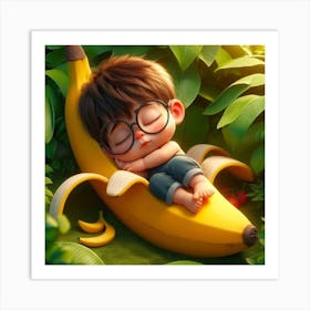 Cute Little Boy Sleeping On A Banana Art Print