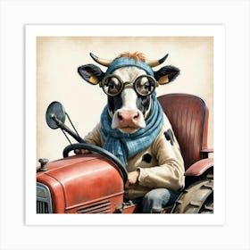 Cow Driving Tractor Art Print