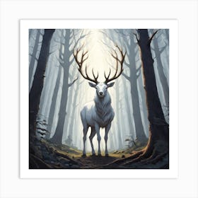 A White Stag In A Fog Forest In Minimalist Style Square Composition 61 Art Print