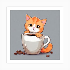 Cute Orange Kitten Loves Coffee Square Composition 17 Art Print