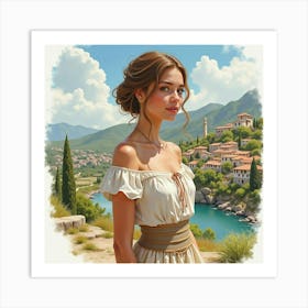 A Beautiful Greek Woman In Watercolor, With The Serene Beauty Of A Traditional Village 1 Art Print