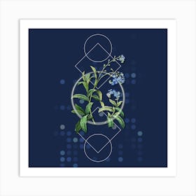 Vintage Water Forget Me Not Botanical with Geometric Line Motif and Dot Pattern n.0414 Art Print