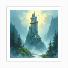 Enchanted Tower Surrounded By Magical Mist, Watercolor 1 Art Print