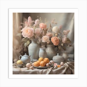 This still life painting captures a serene scene with a delicate interplay of soft tones, optimistic painting Art Print