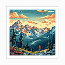 Mountain Landscape Painting, Hike The Globe A Nature Inspired ,Showcasing Mountain Ranges Hiking Trails And National Art Print