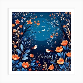 A Bright Toned Design With Flowers And Leaves Trees And Birds A Beautiful And Simple Picture Night Sky With Birds And Flowers Art Print