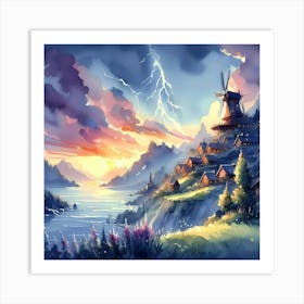 Of A Village At Sunset Art Print