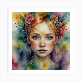 Watercolor Of A Girl With Flowers 7 Art Print