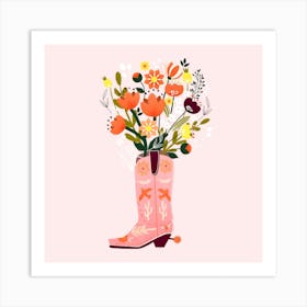 Pink Cowboy Boot And Flower Bouquet Square Art Print