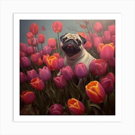 Pug Sitting In Tulips Art Print