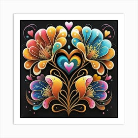 Abstract art of exotic flowers with vibrant abstract hearts in their designs, hearts, 1 Art Print