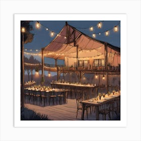 Bohemian, Rustic Event Venue At Dusk With Hanging Lights Art Print