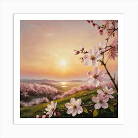 Petals Under the Rising Sun Cherry Blossoms At Sunset Art Print