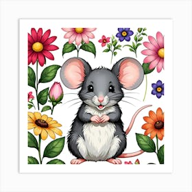 Cute Mouse With Flowers Art Print