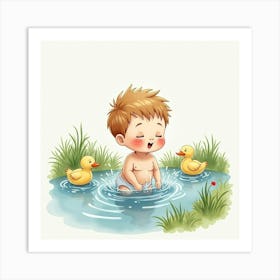 Baby Boy Splashing In A Watercolor Pond With Ducks Swimming Nearby Art Print