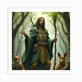 Druid With A Staff Made Of Living Branches Surrounded By Woodland Creatures 1 Art Print