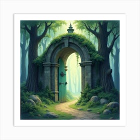 Ancient Enchanted Gate In A Mystical Forest, Watercolor 1 Art Print