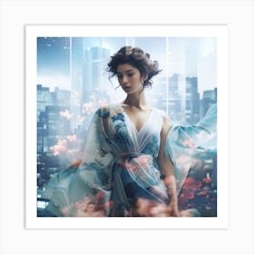 Asian Woman In Blue Dress Art Print