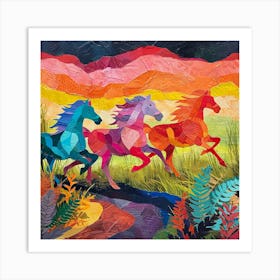 Horses Charging Through The Field Rainbow 1 Art Print