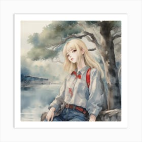 Anime Girl Sitting By The Water Art Print