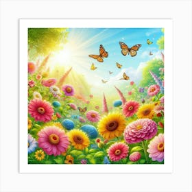 Colorful Flowers And Butterflies 1 Art Print