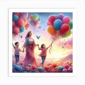 Mother And Children With Balloons 1 Art Print