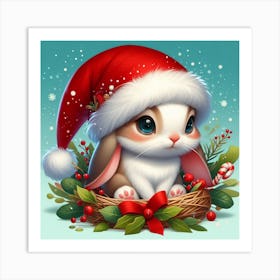 Christmas Bunny In Christmas Hat Art Print
