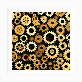 Gold Gears On Black Background Art Print