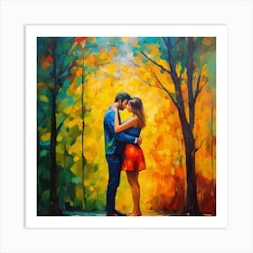 Kissing Couple In The Forest Art Print