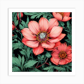 Red Anemones On Black Background, Illustrate A Close Up Of A Blooming Flower With Intricate Art Print