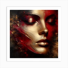 Portrait Of A Woman's Face - An Embossed Abstract Artwork In Blood Red and Golden Colors With Metal Effect. Art Print