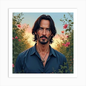 Watercolor Portrait Of Keanu Reeves In A Tranquil Garden At Twilight Art Print