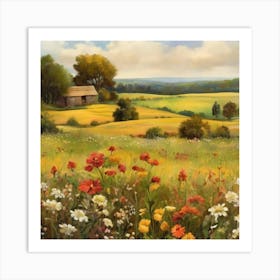 Field Of Flowers.An elaborate work of art about nature in the countryside of old England, antique oil colours, the touch of a creative artist. Art Print