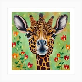 Giraffe With Flowers Art Print