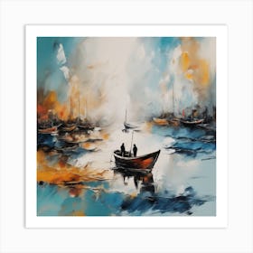 Art painting in beautiful colors, ink forming abstract landscape, boat, people, figures, horizontal angle by realfnx Art Print