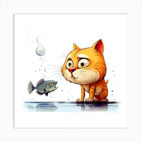 Cartoon Cat And Fish Art Print