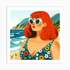 Redhead Woman On The Beach with a Rose Dress Art Print